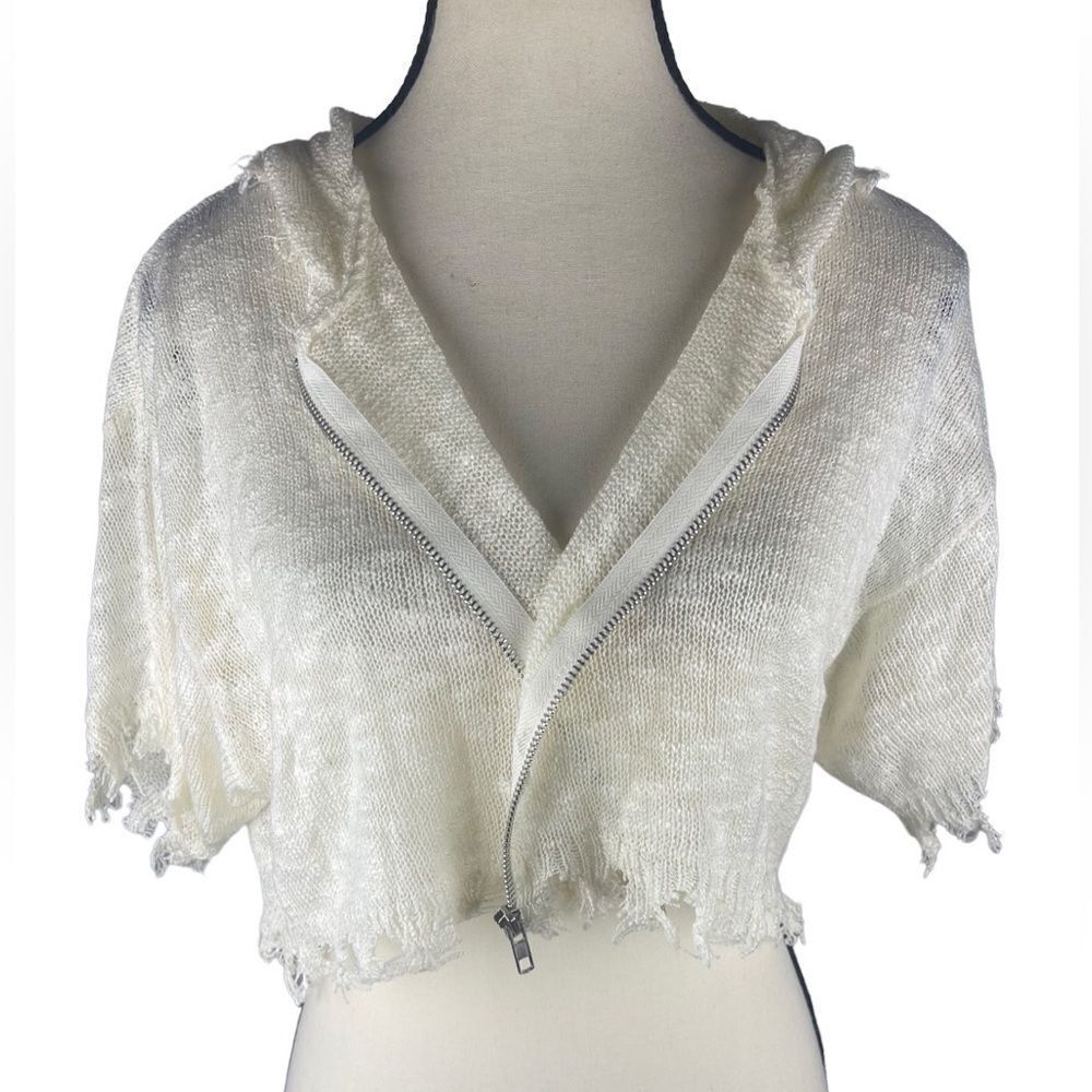 Hot & Delicious White Zip-Up Crop midriff Raw Hem knit Cardigan W Hoodie‎ Sz S